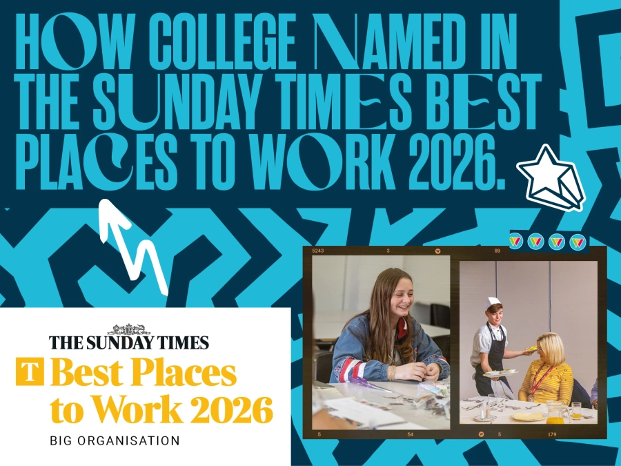 Graphic that says HoW College named in the Sunday Times Best Places to Work 2026 on it. It also has the Sunday Times logo and two images, one of a student serving food and one of a student doing art.
