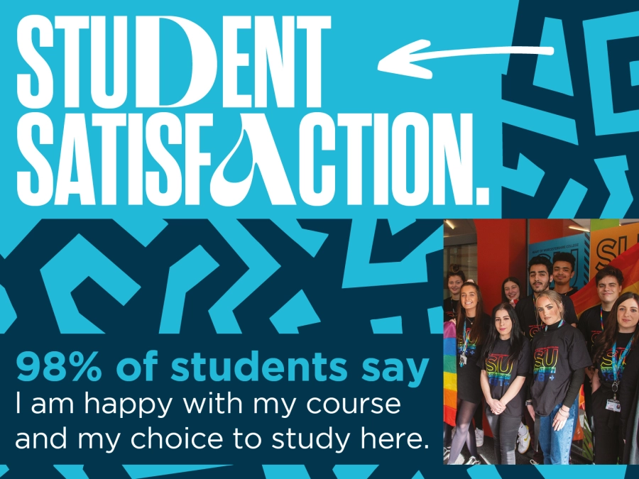 Graphic stating that 98% of students say they are happy with their course and choice to study at HoW College.