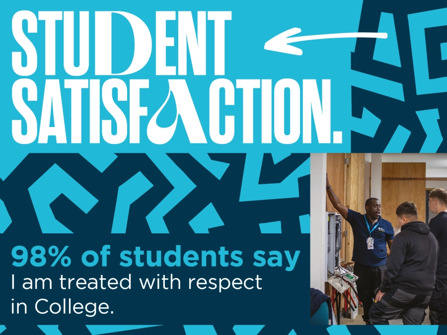 Graphic that states 98% of students say they are treated with respect in college. The graphic has a picture of a construction tutor teaching on it