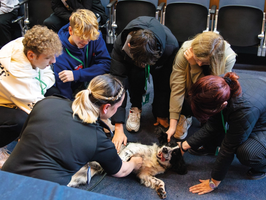 Group of students stroking a dog who is lying on the floor