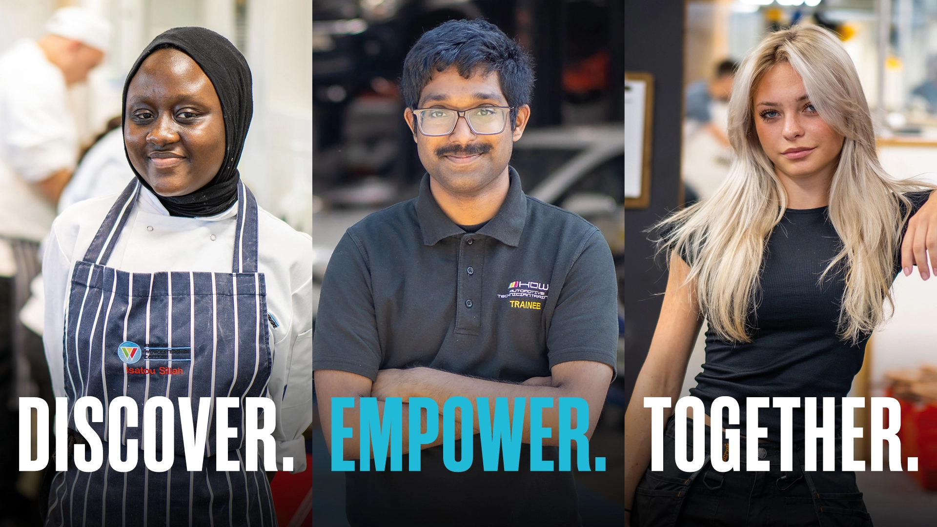 Three students with the words Discover Empower Together underneath their images