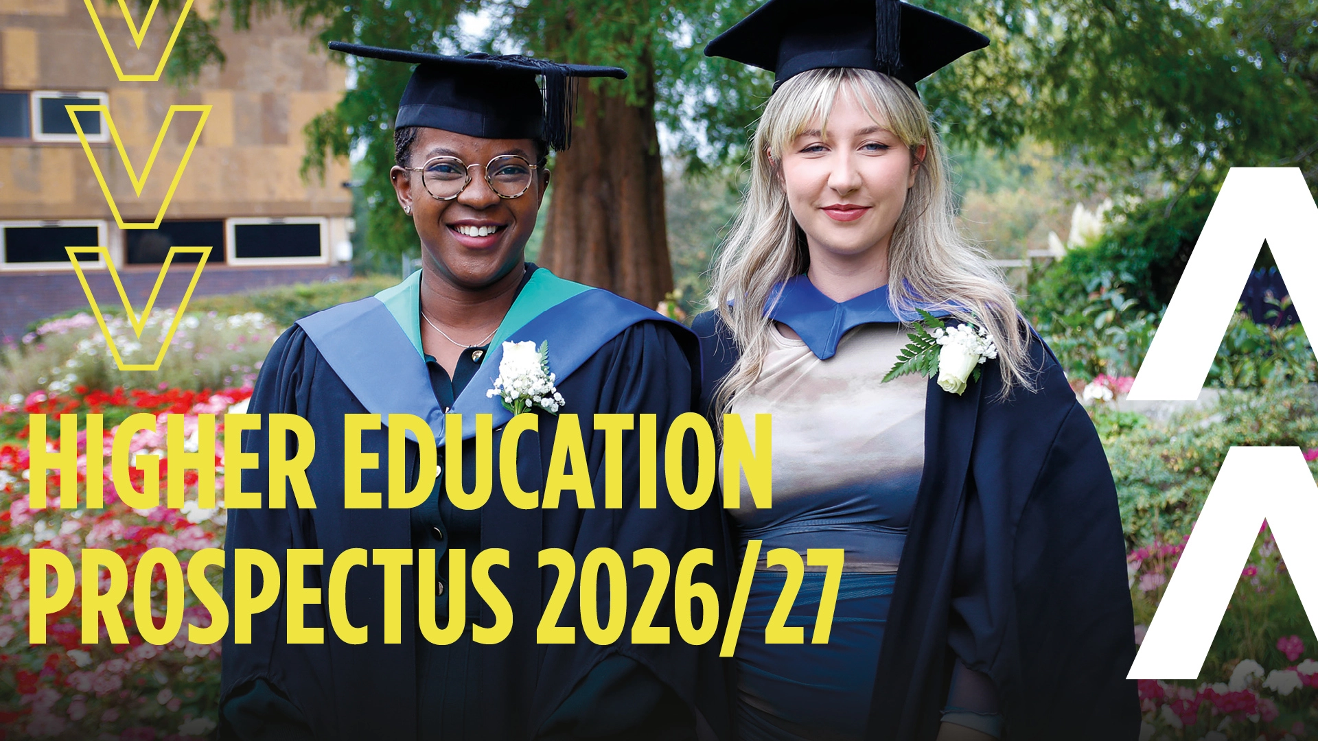 Two graduating students in graduation robes with links to Higher Education Prospectus